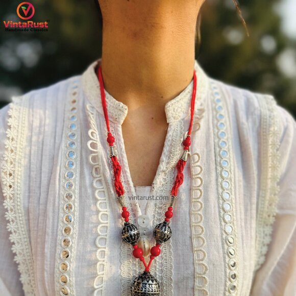Handmade Red Beaded Necklace with Tribal Tassel Pendant, Beaded Chain Necklace - Picture 3 of 13